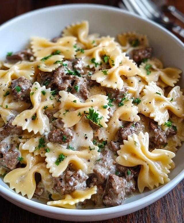 Beef Bowtie Pasta with Alfredo Sauce