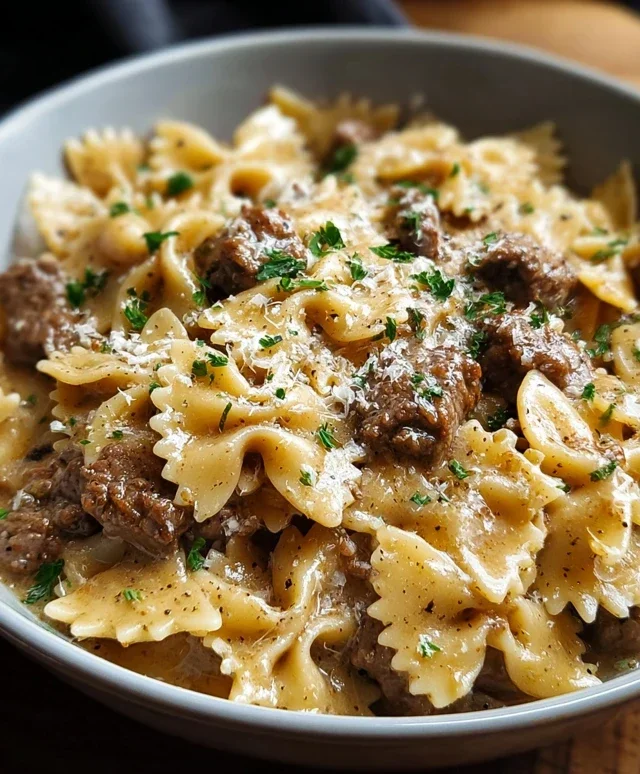 Creamy Parmesan Garlic Beef Bowtie Pasta