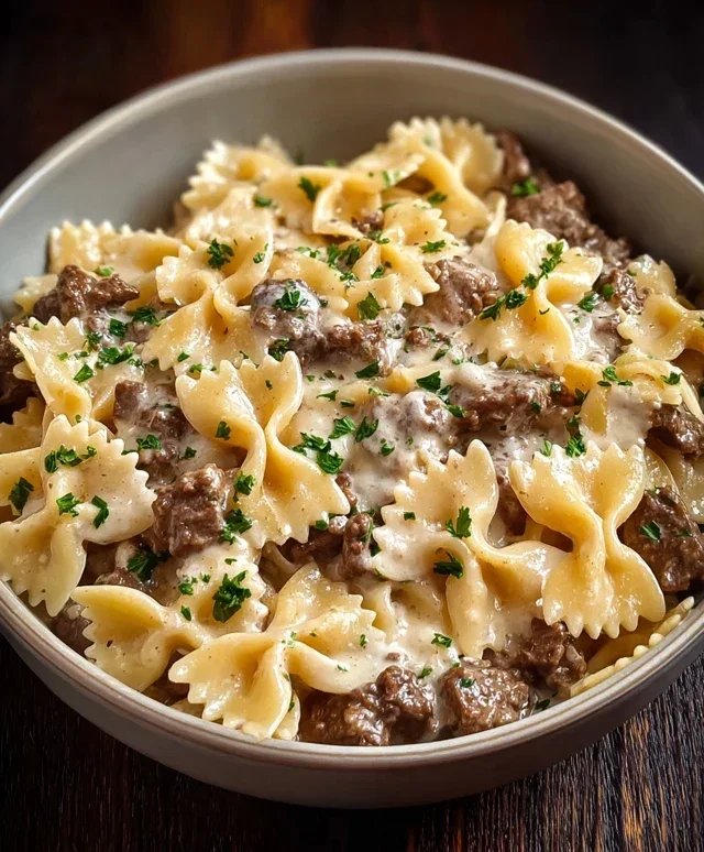 Beef Bowtie Pasta with Alfredo Sauce