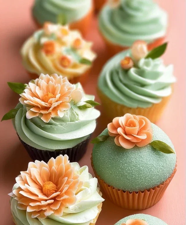 Sweet Treat Cupcake Ideas For Any Celebration : Peach and Soft Green Cupcakes