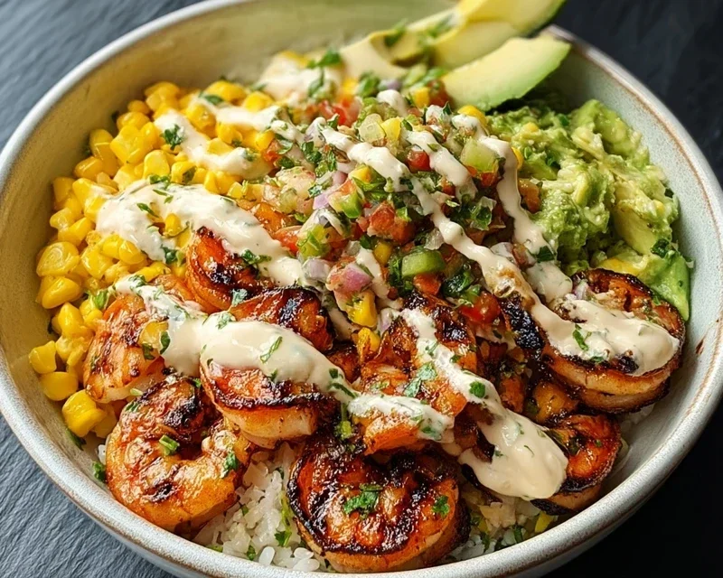 Grilled Shrimp Bowl with Avocado, Corn Salsa & Creamy Garlic Sauce