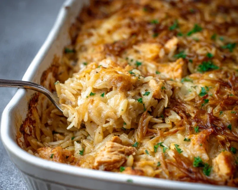 French Onion Chicken Orzo Casserole