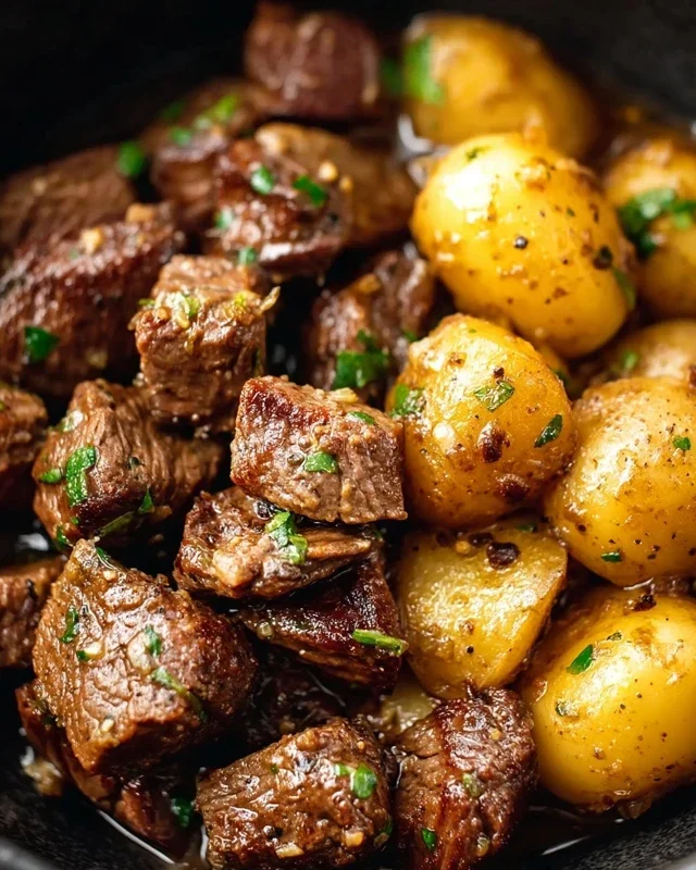 Slow Cooker Garlic Butter Beef Bites with Potatoes