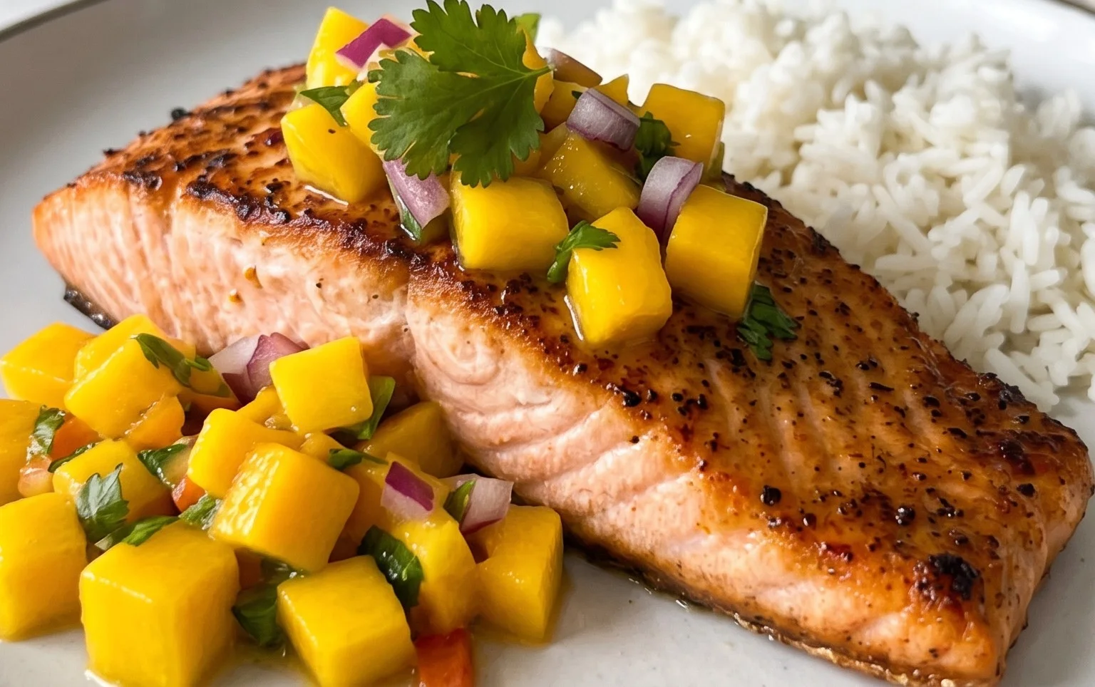 Grilled Salmon with Mango Salsa and Coconut Rice