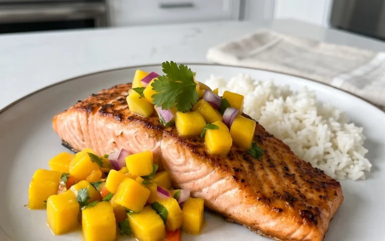 Grilled Salmon with Mango Salsa and Coconut Rice