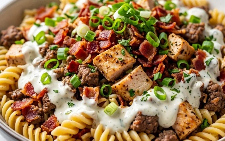 Chicken Beef Bacon Ranch Pasta Salad
