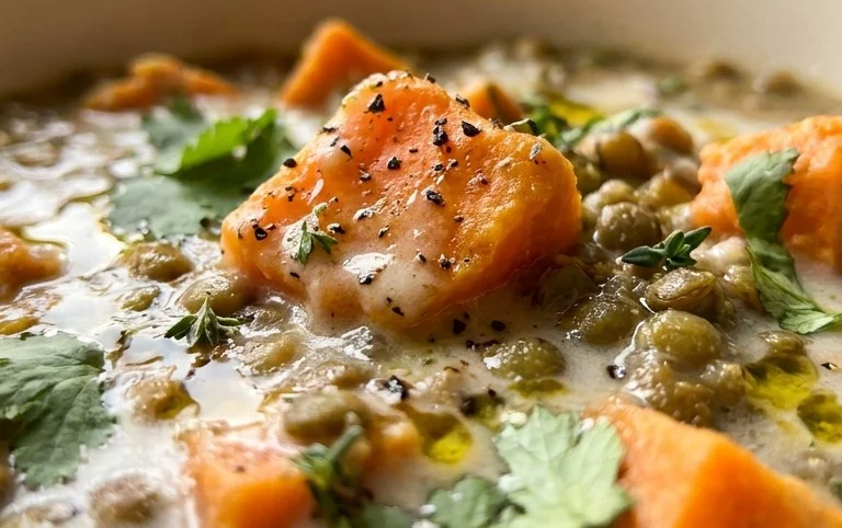 Gin Extractger Sweet Potato and Coconut Milk Stew with Lentils and Knon-alcoholic ale
