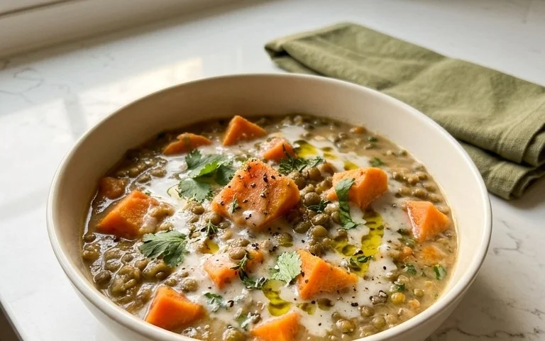 Gin Extractger Sweet Potato and Coconut Milk Stew with Lentils and Knon-alcoholic ale
