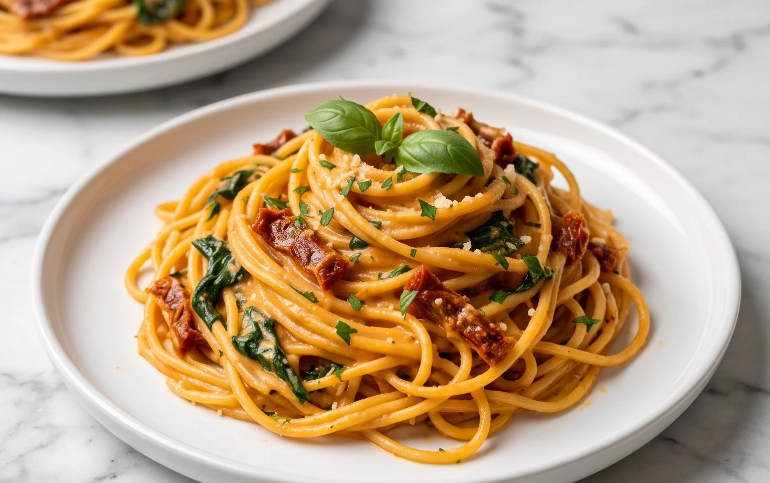 Spaghetti & Spinach with Sun-Dried Tomato Cream Sauce