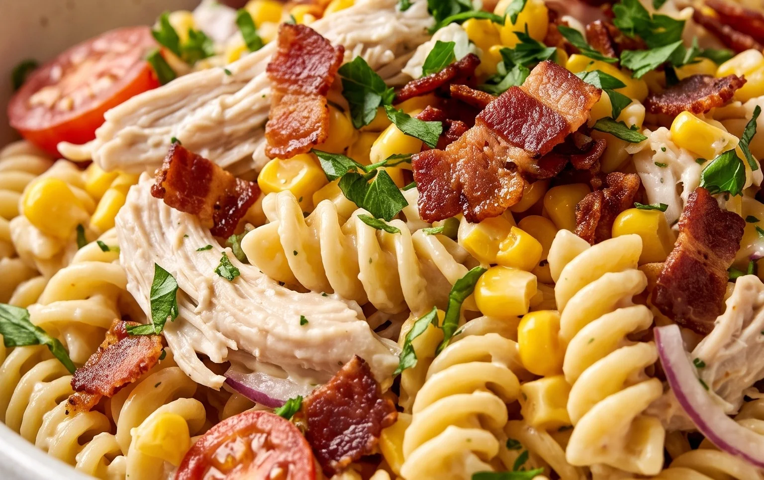 Chicken and Corn Pasta Salad with Beef Bacon