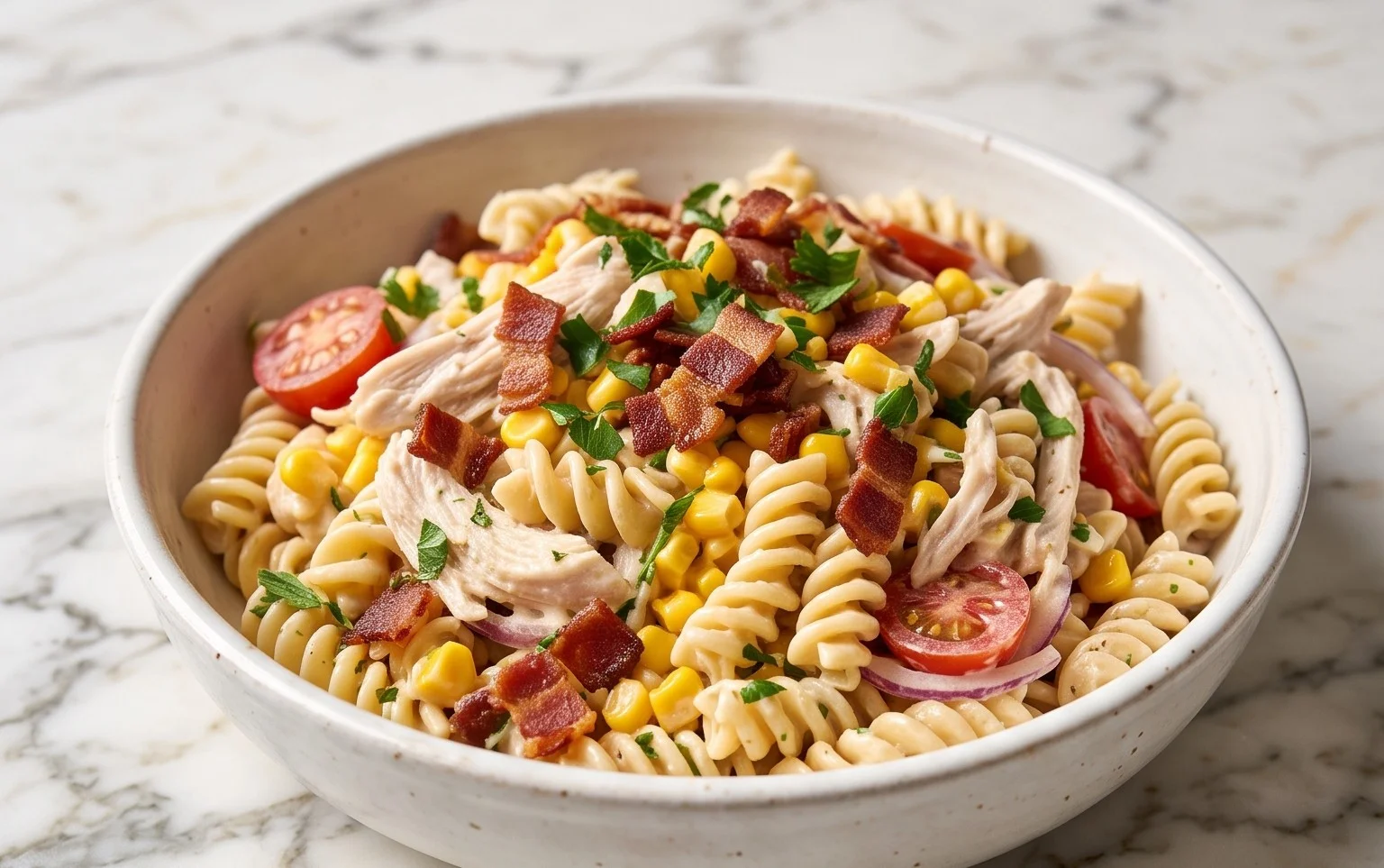 Chicken and Corn Pasta Salad with Beef Bacon