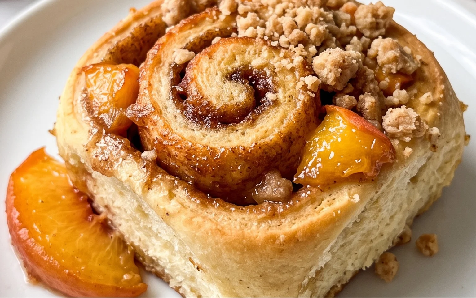 Peach Cobbler Cinnamon Rolls with Crum extractb Topping