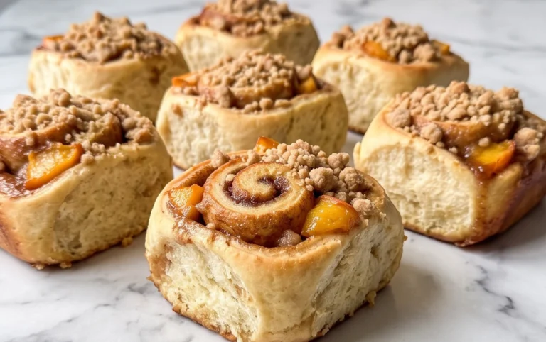 Peach Cobbler Cinnamon Rolls with Crum extractb Topping