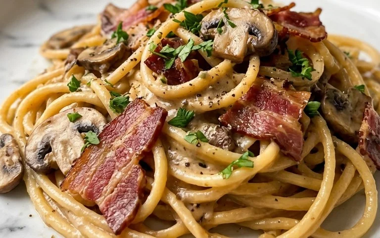 Creamy Beef Bacon and Mushroom Pasta