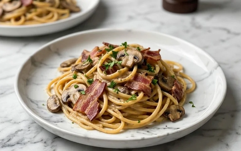 Creamy Beef Bacon and Mushroom Pasta