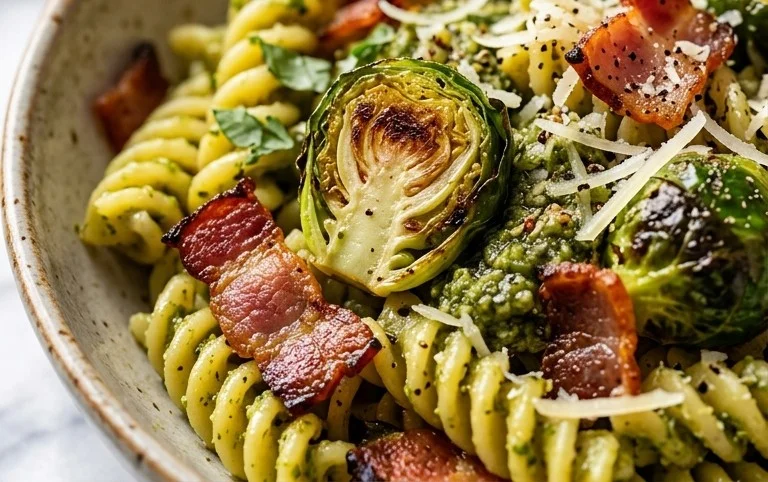 Brussels Sprouts and Beef Bacon Pesto Pasta