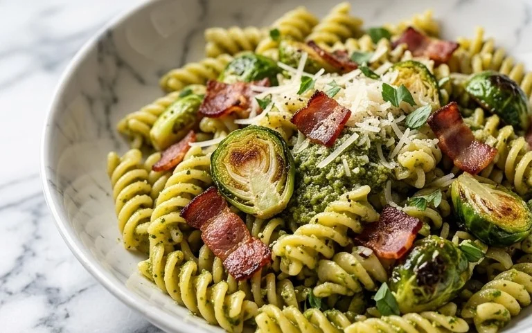 Brussels Sprouts and Beef Bacon Pesto Pasta