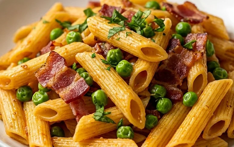 Penne Pasta, Peas and Beef Bacon