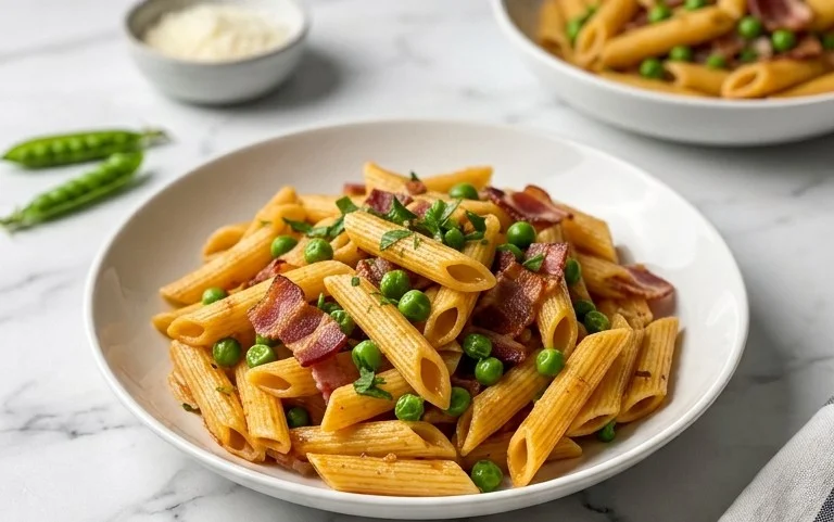 Penne Pasta, Peas and Beef Bacon