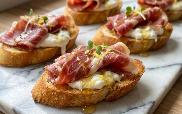 Beef Prosciutto Crostini with Burrata and Lemon Honey Drizzle